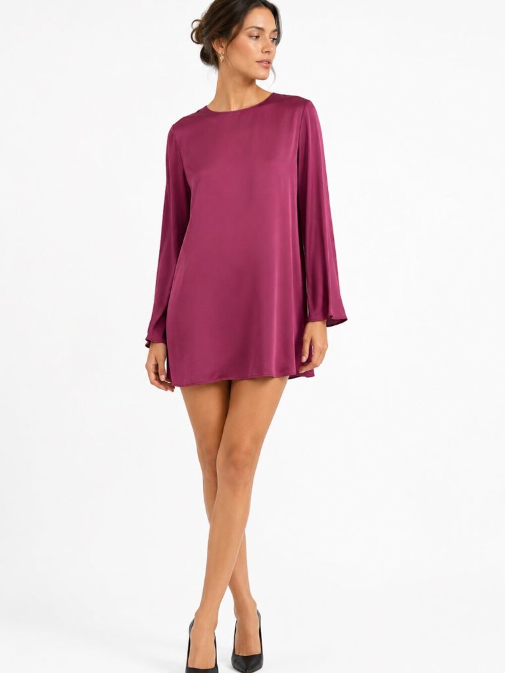 NWT FRANK & OAK THE SATIN MINI FLARED SLEEVE DRESS IN BURGUNDY - M